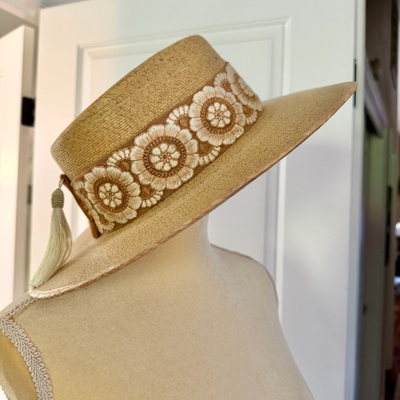 Tan Straw Boater Brim Hat with Floral Band and Tassel - Picture 2 of 11